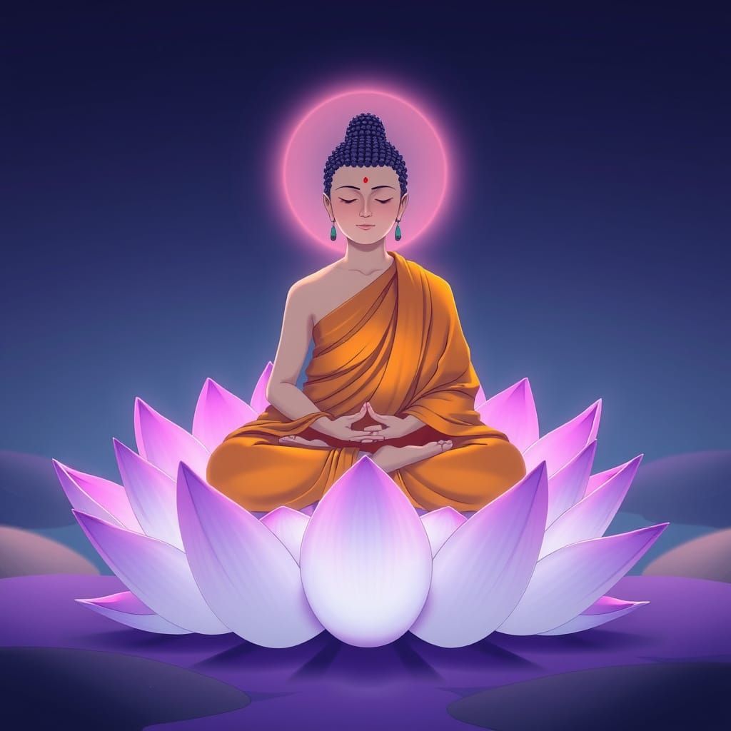 Anime-Inspired Buddha on a Vibrant Purple Lotus