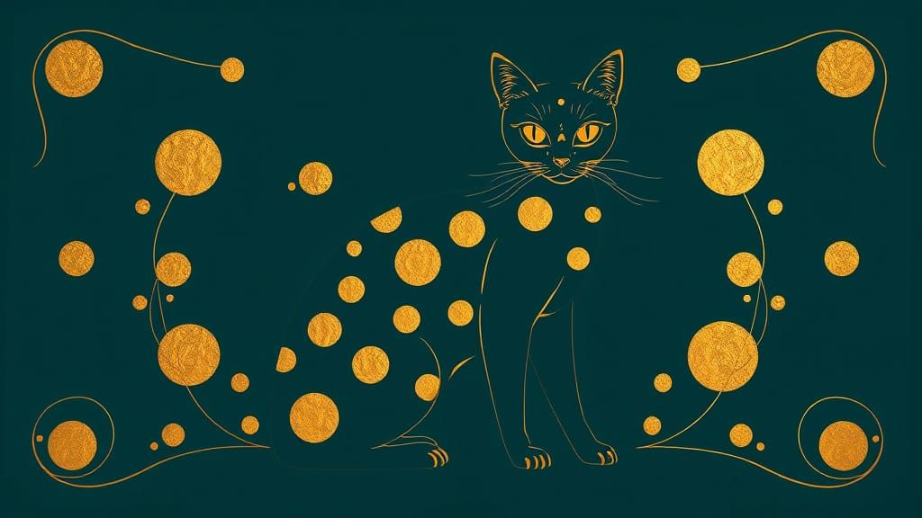 Art Deco Cat with Gold Details on Teal Backdrop