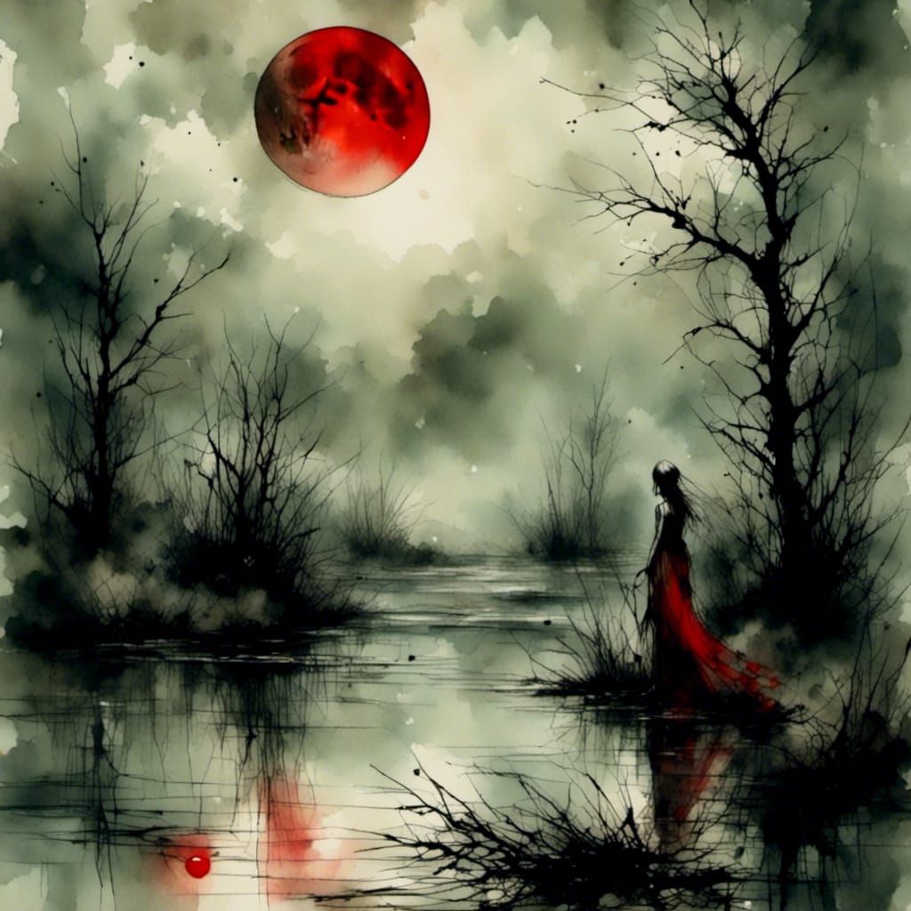 Dark Fantasy Swamp Nymph Under Red Moon