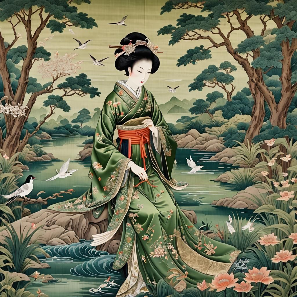 Ornate Tapestry of a Luxurious Onna-Bugeisha