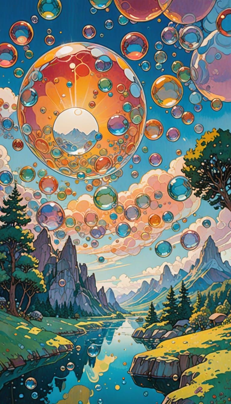 Floating Glass Bubbles Over Fantasy Dreamscape