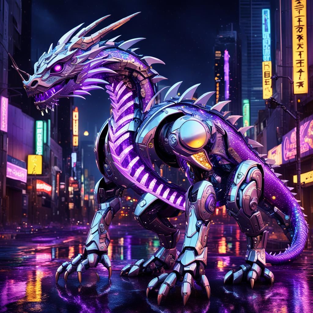 Vibrant Robot Dragon in Futuristic City