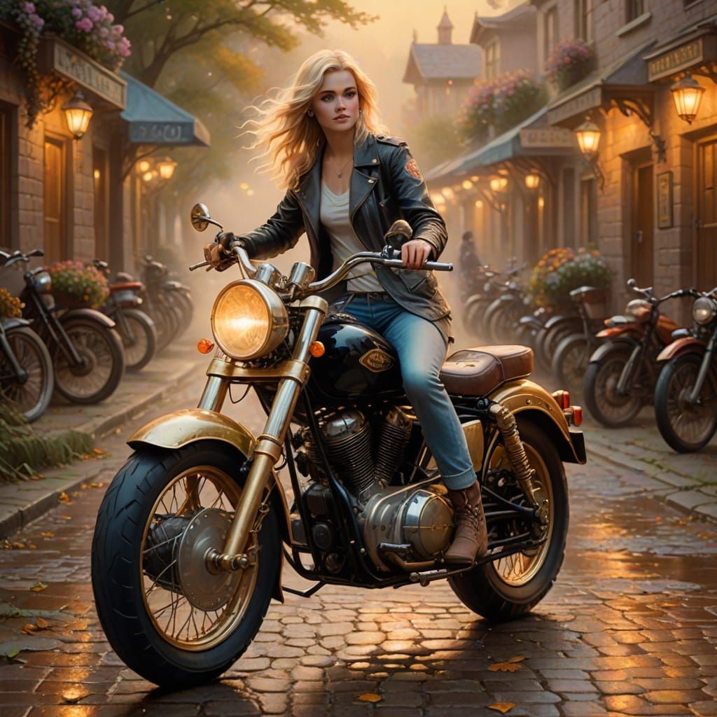Blonde Woman on Vintage Motorbike in Ethereal Light