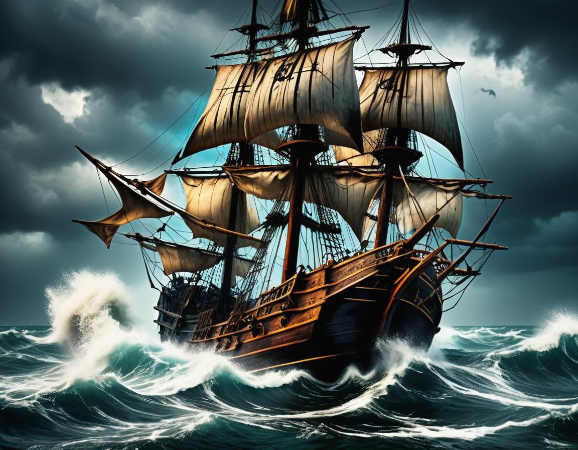Pirate Ship Sailing a Stormy Sea in HDR