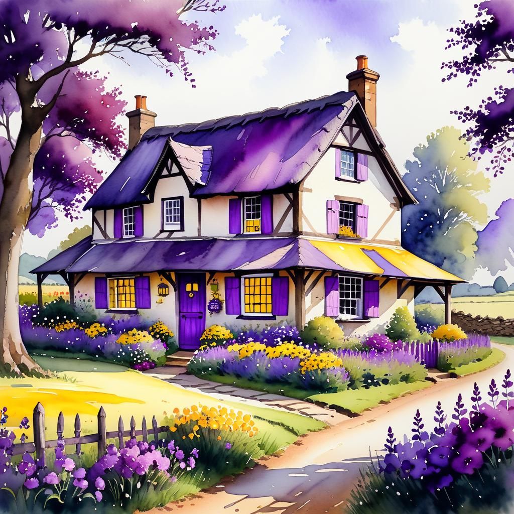 Purple and Yellow Watercolor Country Cottage
