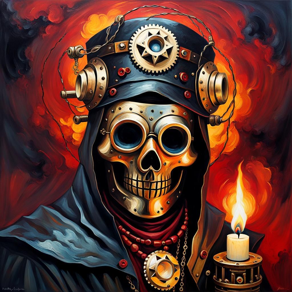 Cowboy Wizard with Mechanical Mind in Dark Surrealism