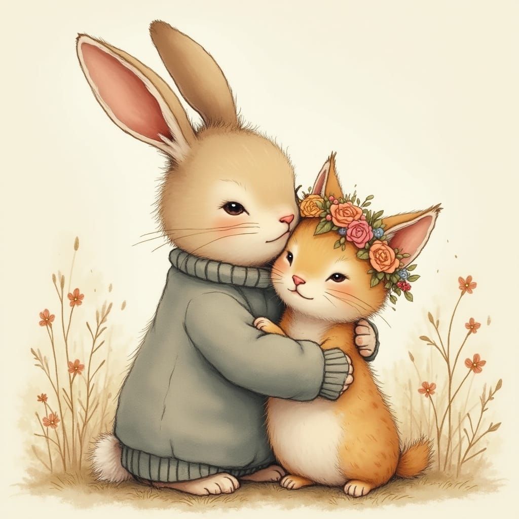 Bunny and Kitten Hug in Whimsical Pastel Style