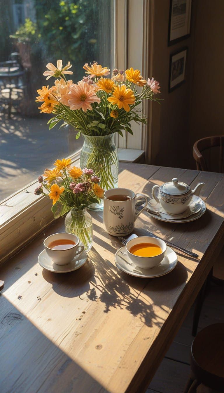 Impressionist Cafe Scene with Tea and Flowers