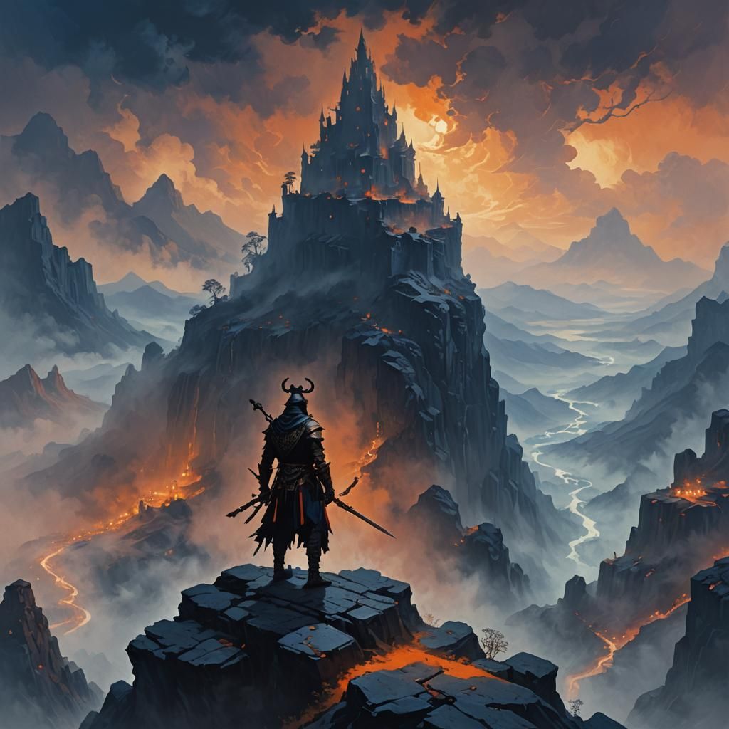 Dark Fantasy Warrior Overlooking Ancient City