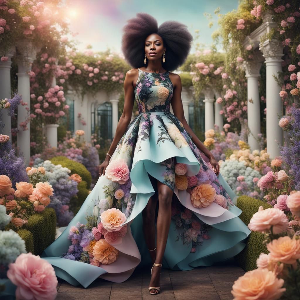 Elegant Woman in Pastel Dress, Digital Garden Art