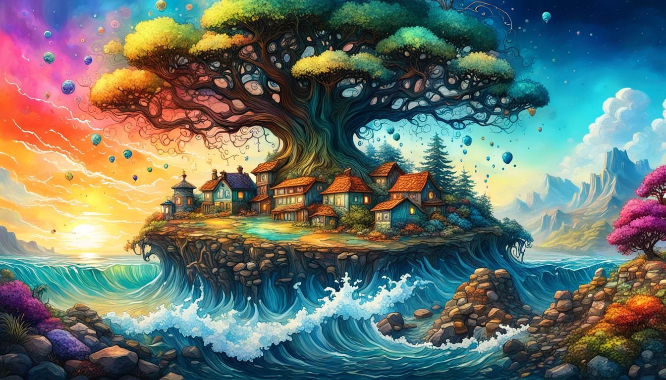 Surrealist Landscape with Waves in Alcohol Ink Style