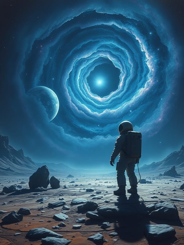 Astronaut Gazing at Nebula on Desolate Planet