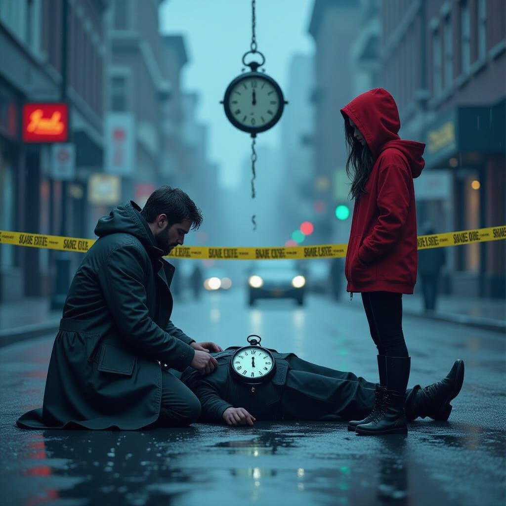 Film Noir Scene: Lifeless Body in Rainy City