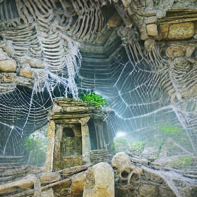 Skeleton in Cobwebs in Ruined Temple