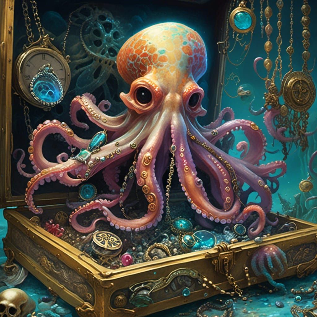 Surreal Octopus Portrait with Pirate Treasure