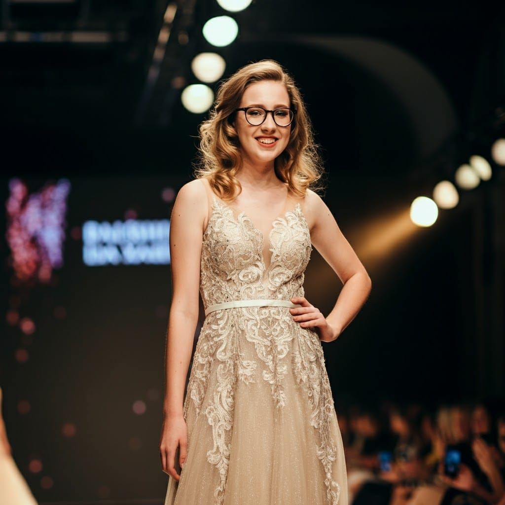 Confident Woman on Catwalk in Haute Couture Gown