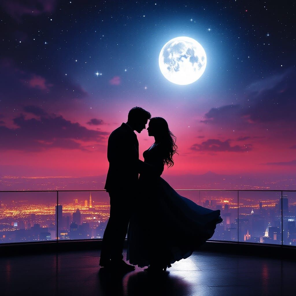 Couple Embracing Under Full Moonlit Cityscape