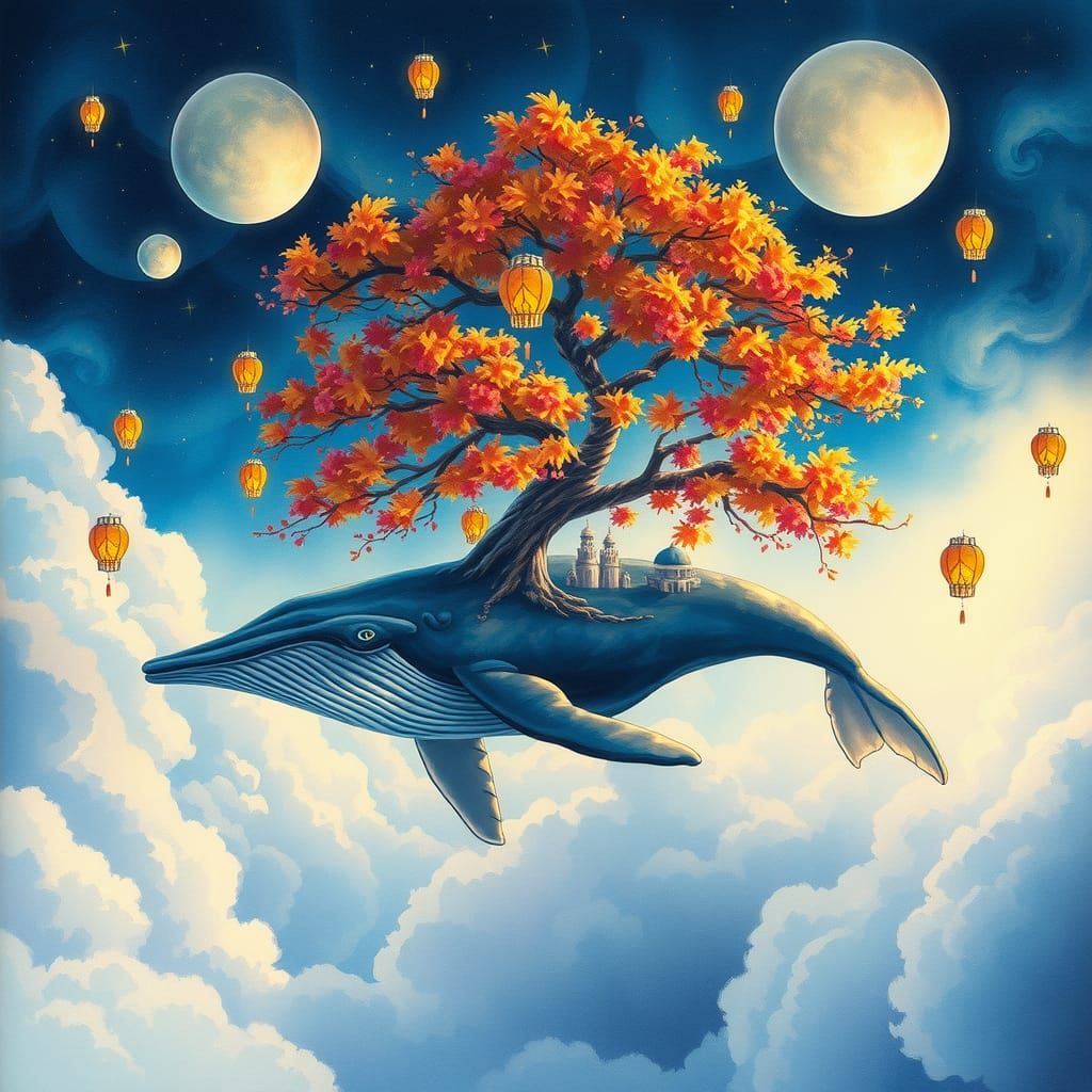 Fantasy Autumn Tree on Whale in Watercolor