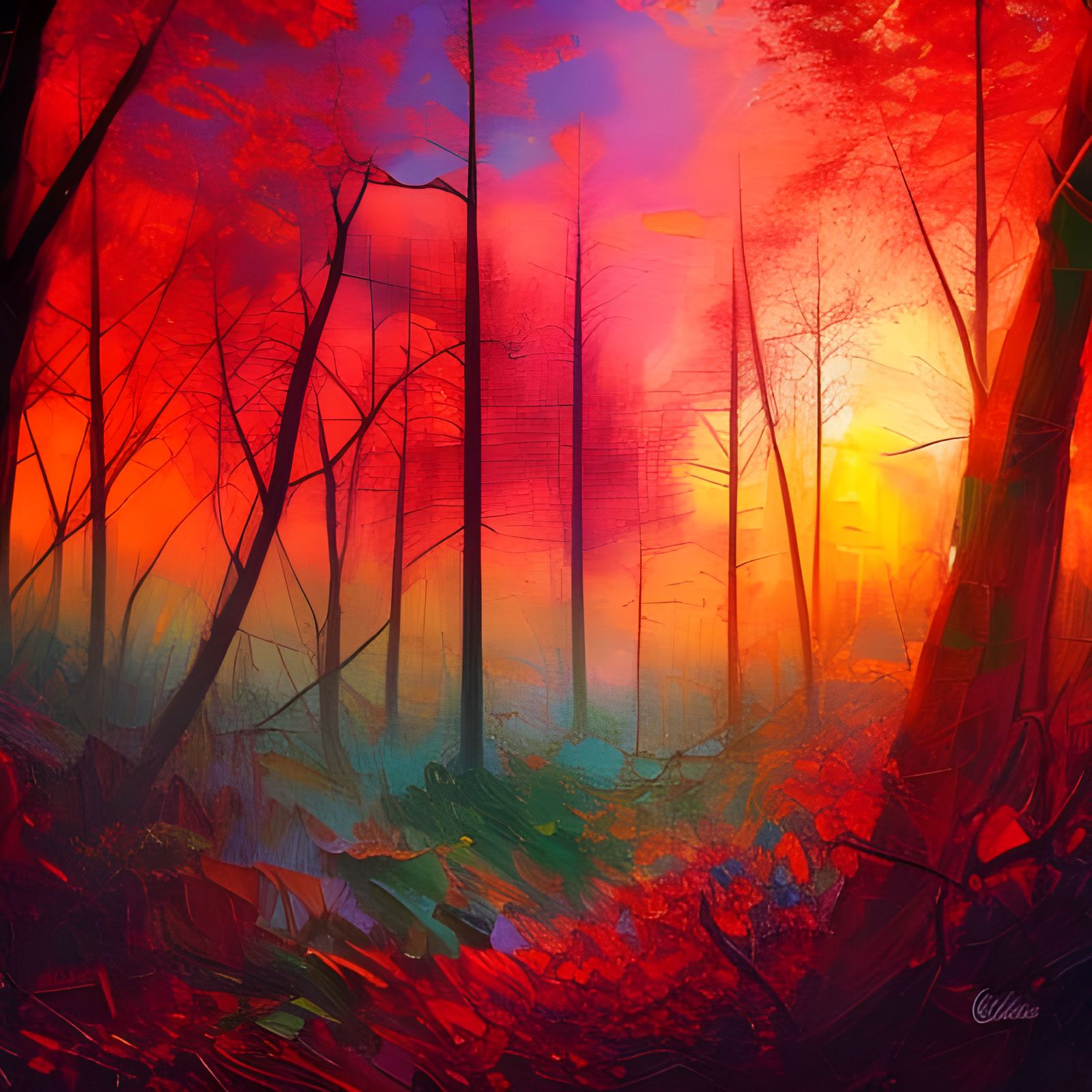 Red Forest Sunrise: Detailed Oil Painting
