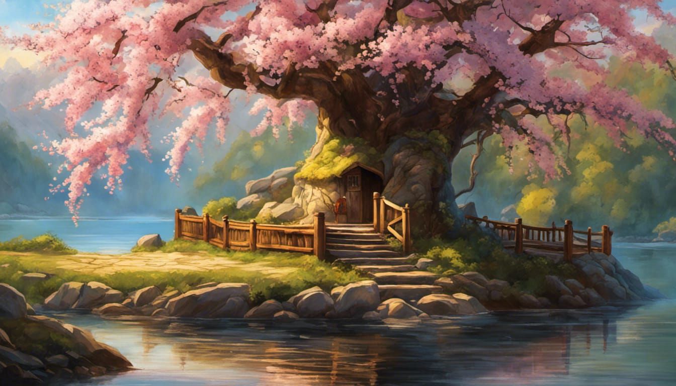 Treehouse With Waterslide in Blossoming Cherry Tree