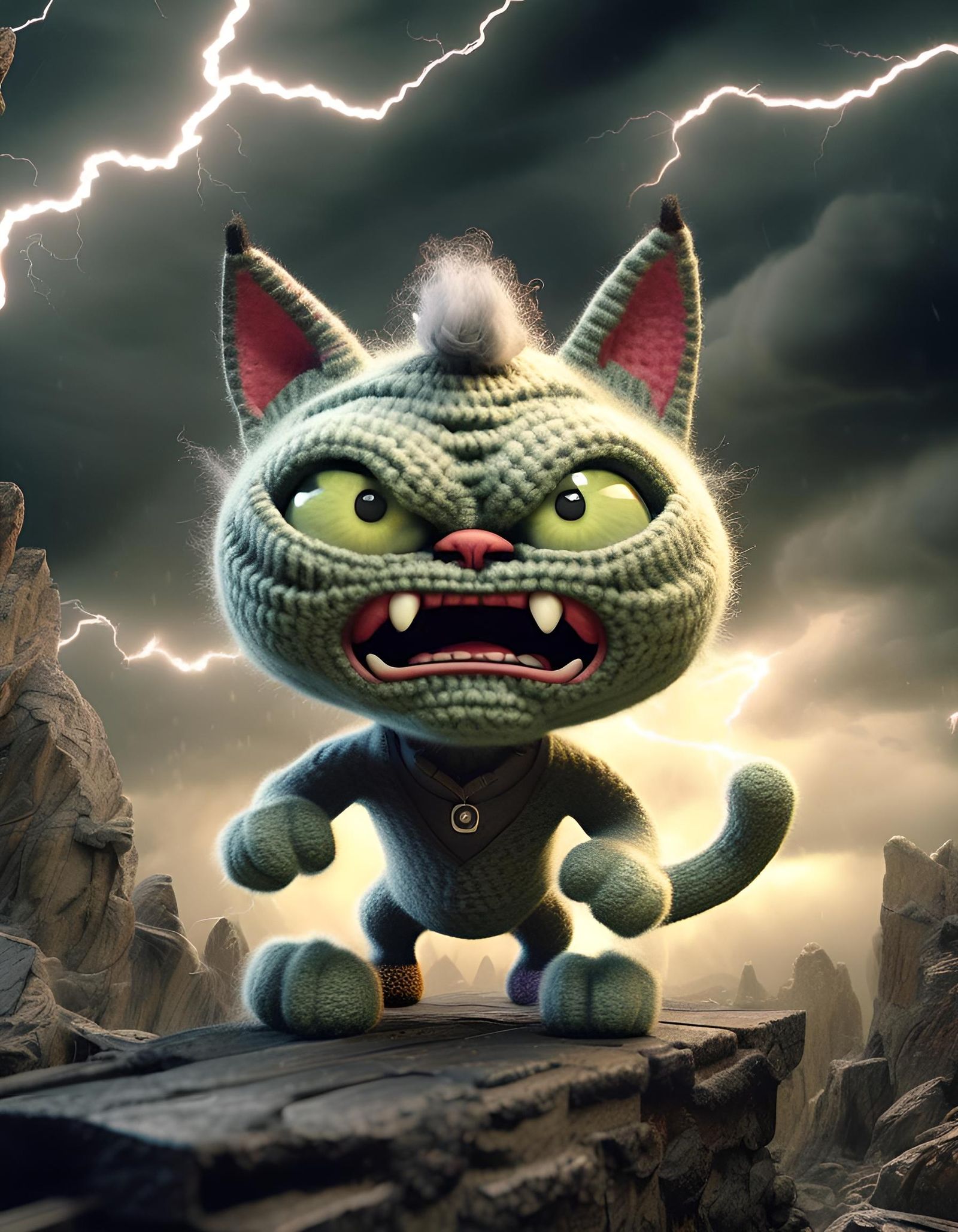 Aggressive Cute Woolen Cat in Dark Fantasy Style