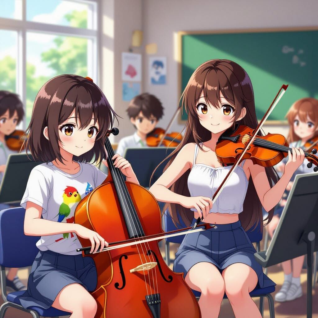 Anime Girls Play Cello and Violin in Orchestra Classroom