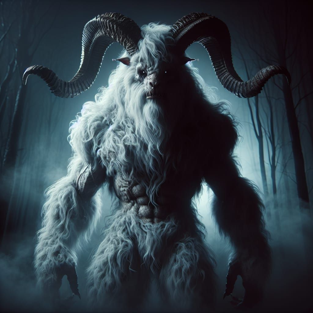Imposing Horned Yeti in a Dark Forest