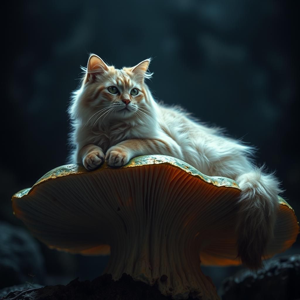 Ethereal Cat on Emerald Mushroom, Digital Art