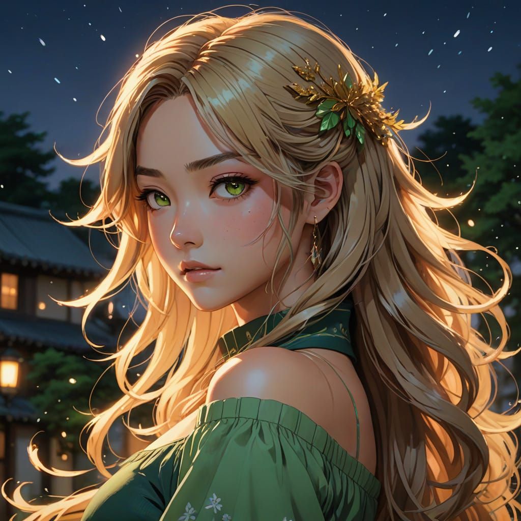 Anime-Inspired Girl with Golden Hair and Green Shirt