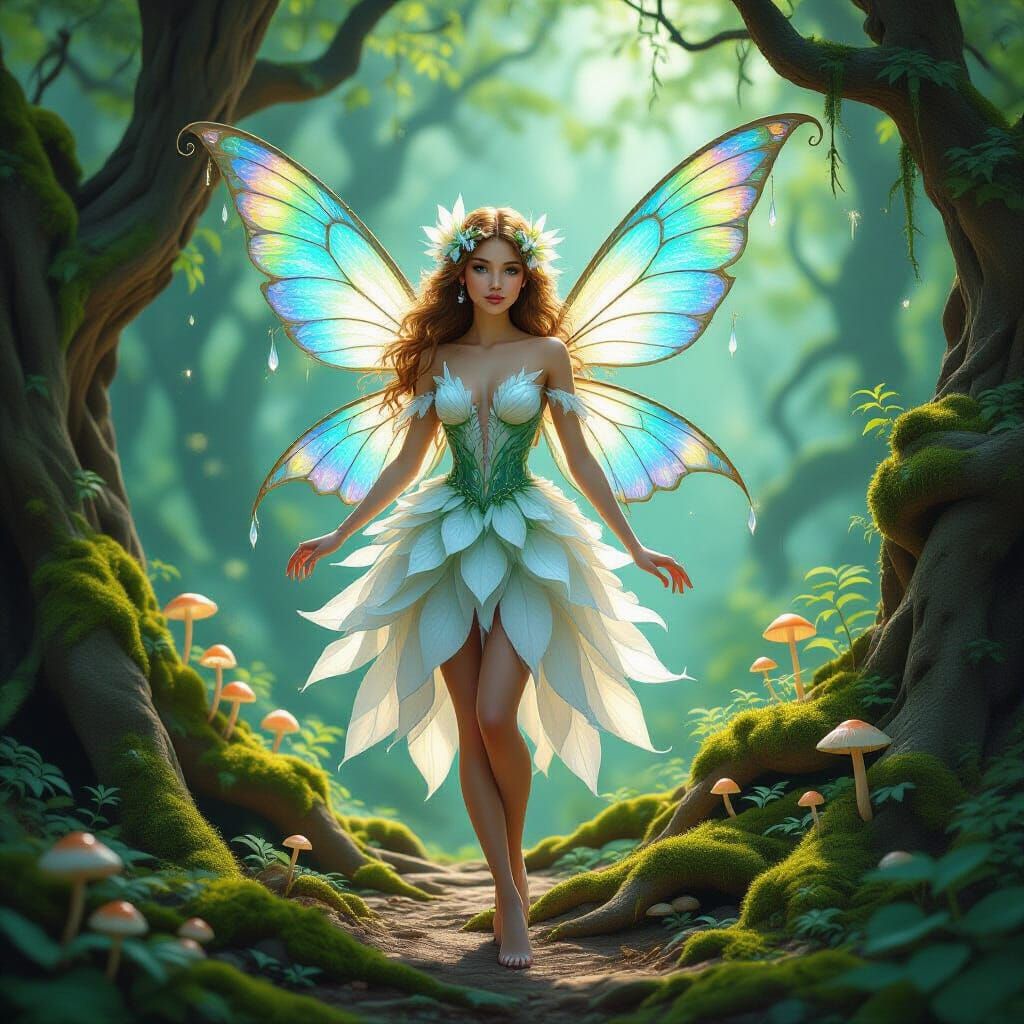 Whimsical Forest Fairy in Sun-Dappled Ancient Woods