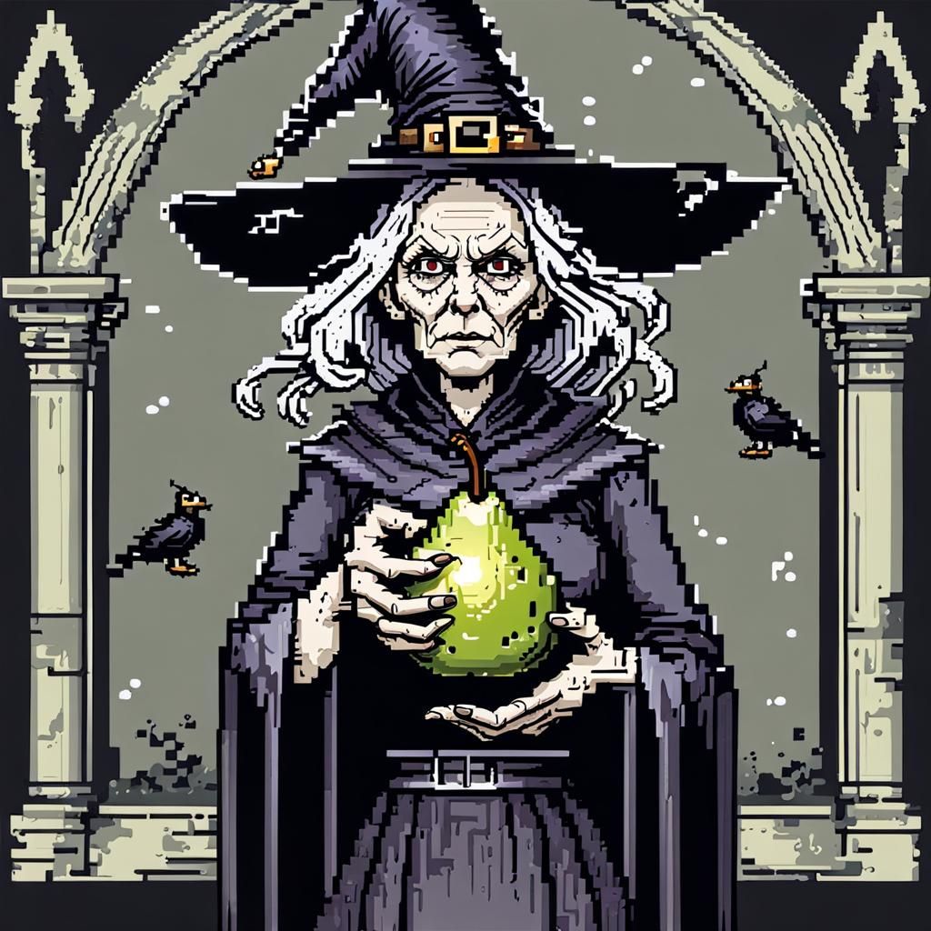 Spooky Witch with Pear in Pixel Art