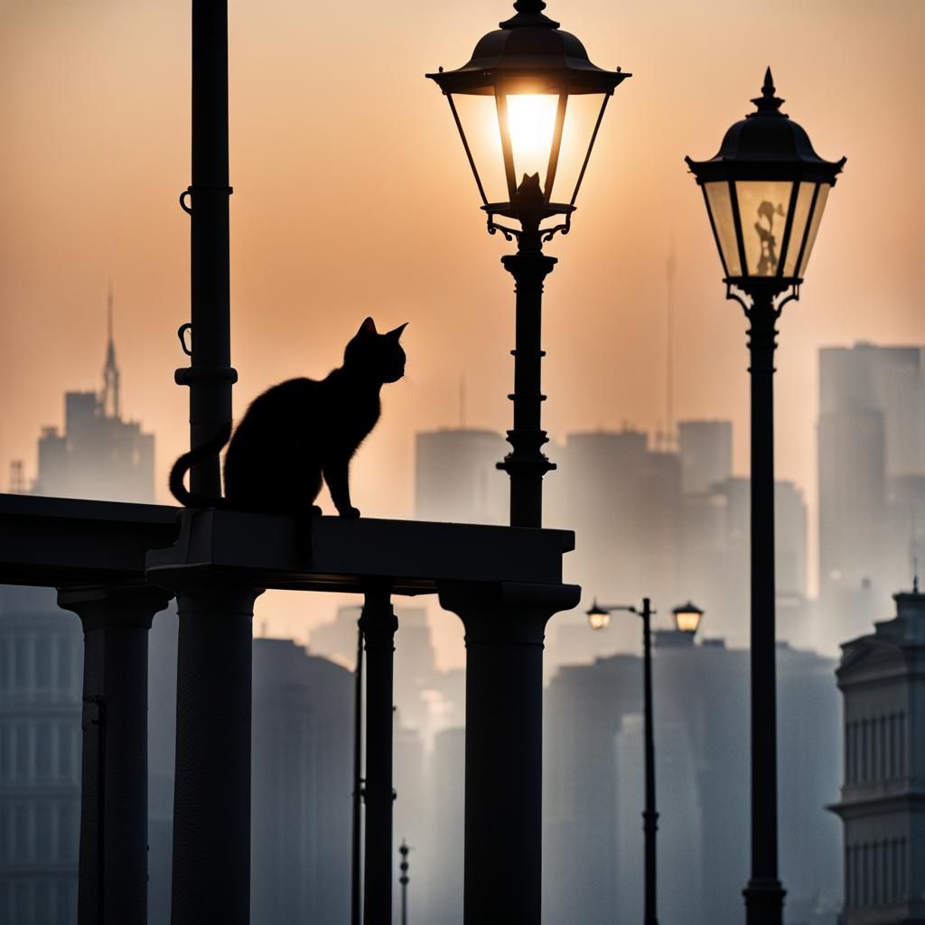 Cat Silhouette Under Streetlight