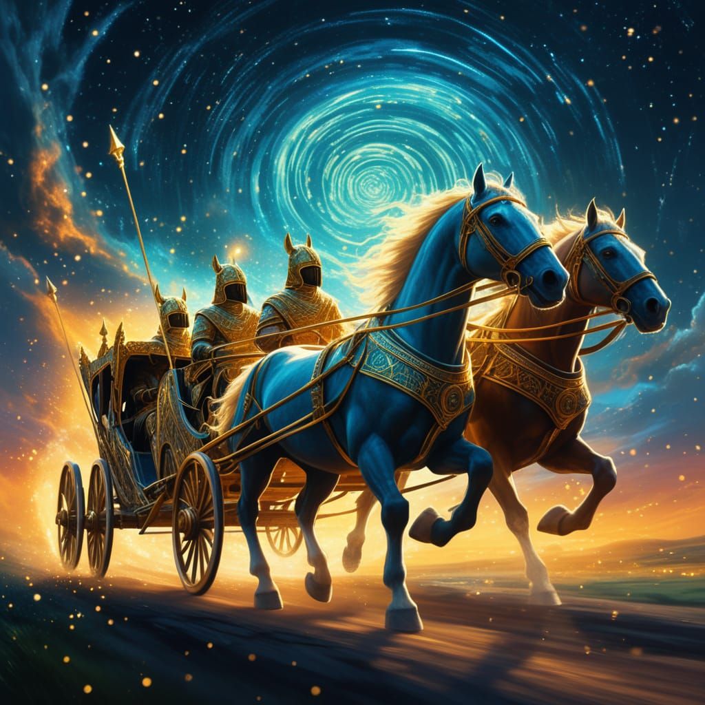 Concept art. A chariot pulled by horses races across a starl...