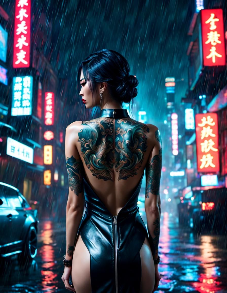 Cyberpunk Yakuza Girl with Shark Tattoo in Rainy City