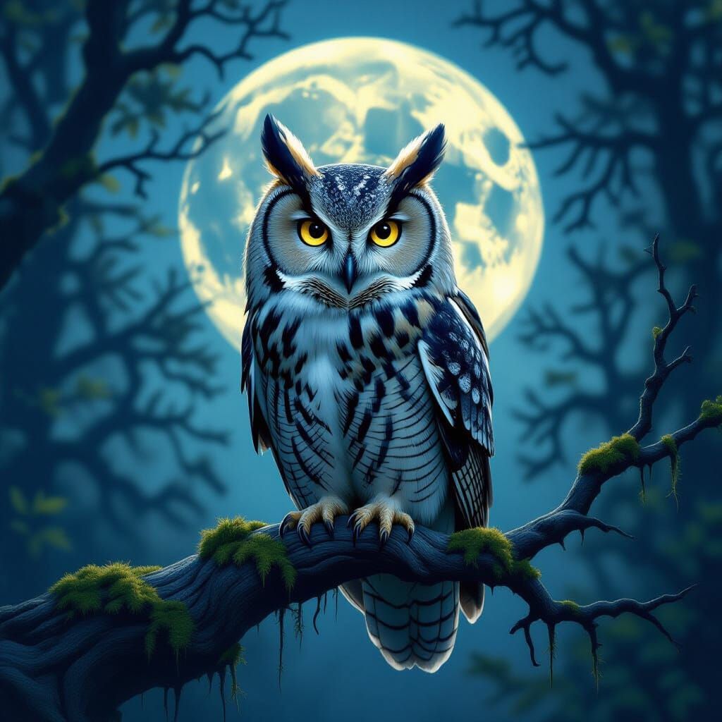 Majestic Owl with Tree Bark Feathers in Moonlit Forest