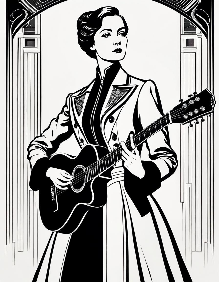 Retro-Futuristic Guitarist in Black and White Line Art