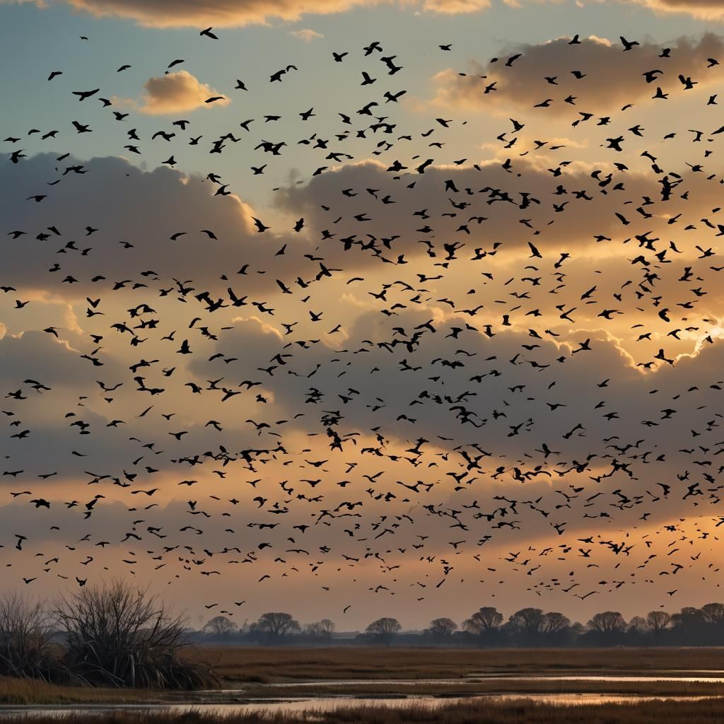 Migrating Birds at Sunset: A Tranquil Panorama