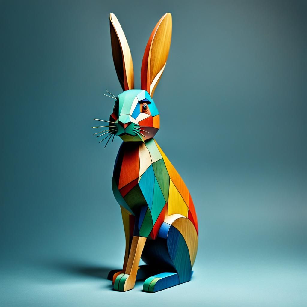 Abstract Wooden Rabbit Sculpture in Complementary Colors