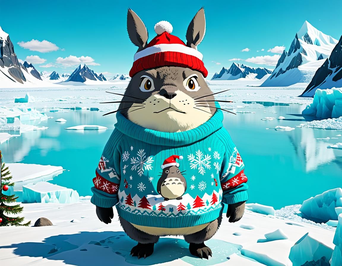 Totoro with an ugly Christmas sweater and a hat