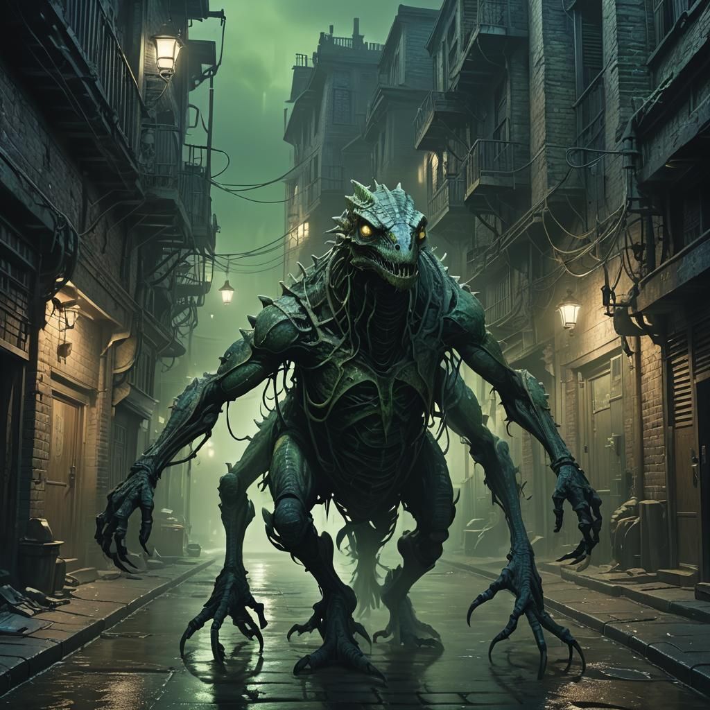 Gilled Humanoid in Decrepit Alleyway: Dark Fantasy Art