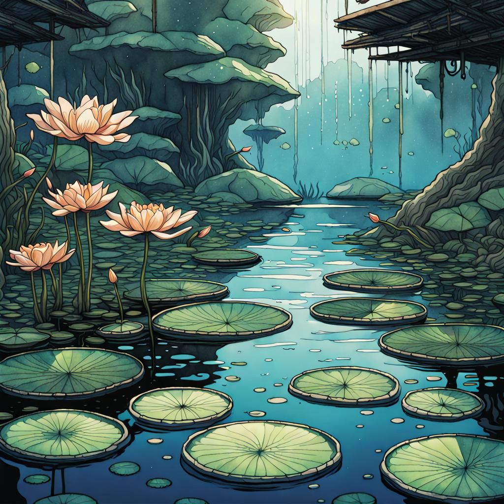 Lily Pads and Fish in Watercolor Style