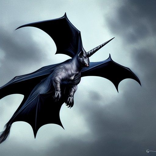 Sinister Unicorn-Bat Flying in Dark Sky