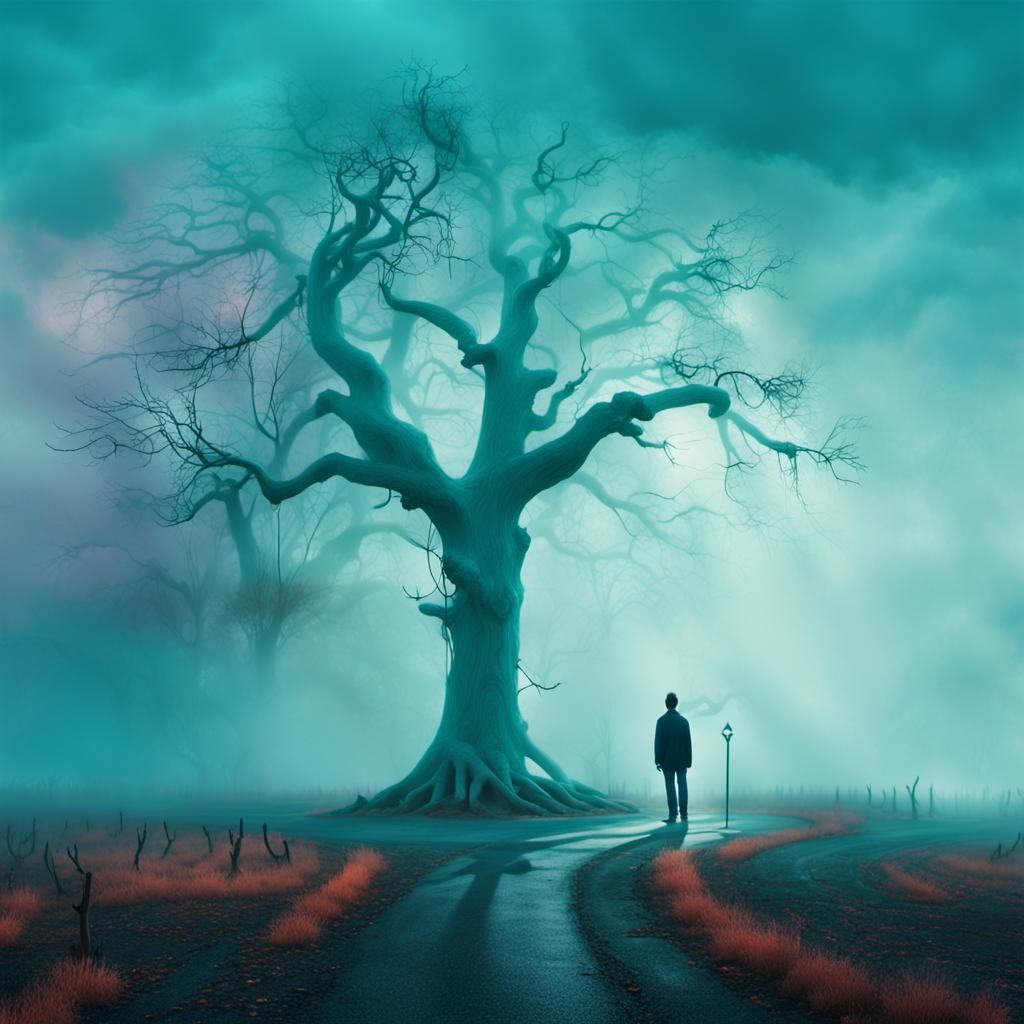 Surrealism at a Crossroads: A Person Surrounded by Fog and M...