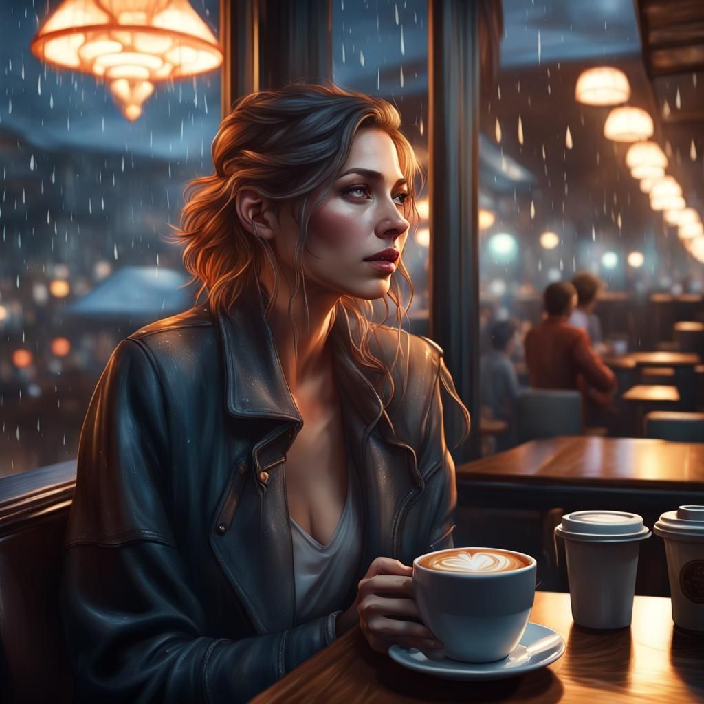 Rainy Night Portrait in Cafe, Digital Art
