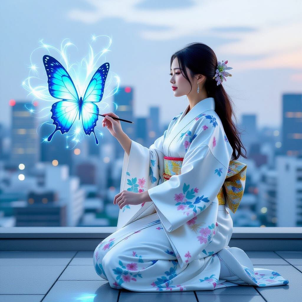 Luminous Butterfly Painted on Tokyo Skyscraper, Ghibli-Inspi...