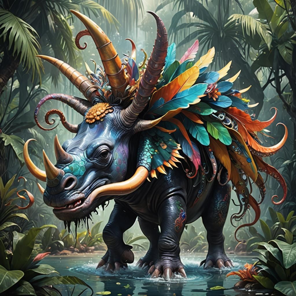 Fantasy Hybrid Creature: Rhino, Octopus, Toucan, Wings