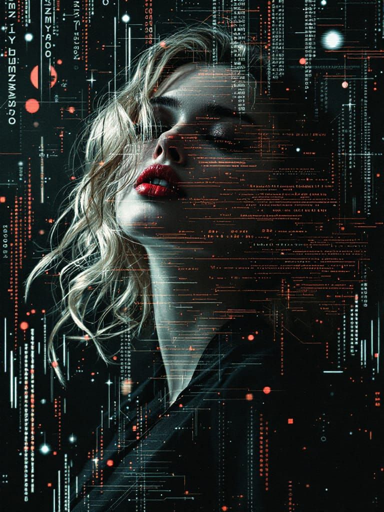 Glitch Art Portrait with Digital Artifacts and Data Streams