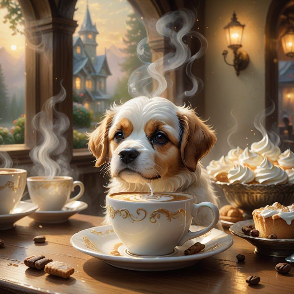 Dog Enjoying Coffee in Thomas Kinkade Style