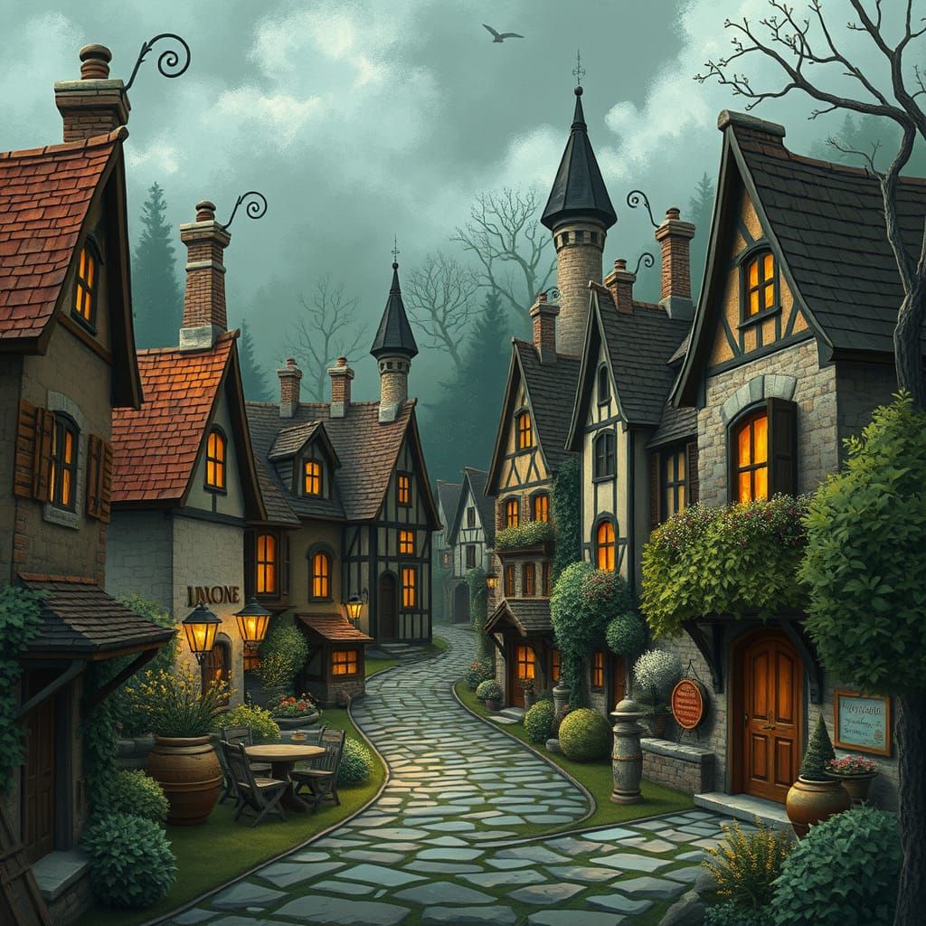 Burtonesque Village Scene: AI Art