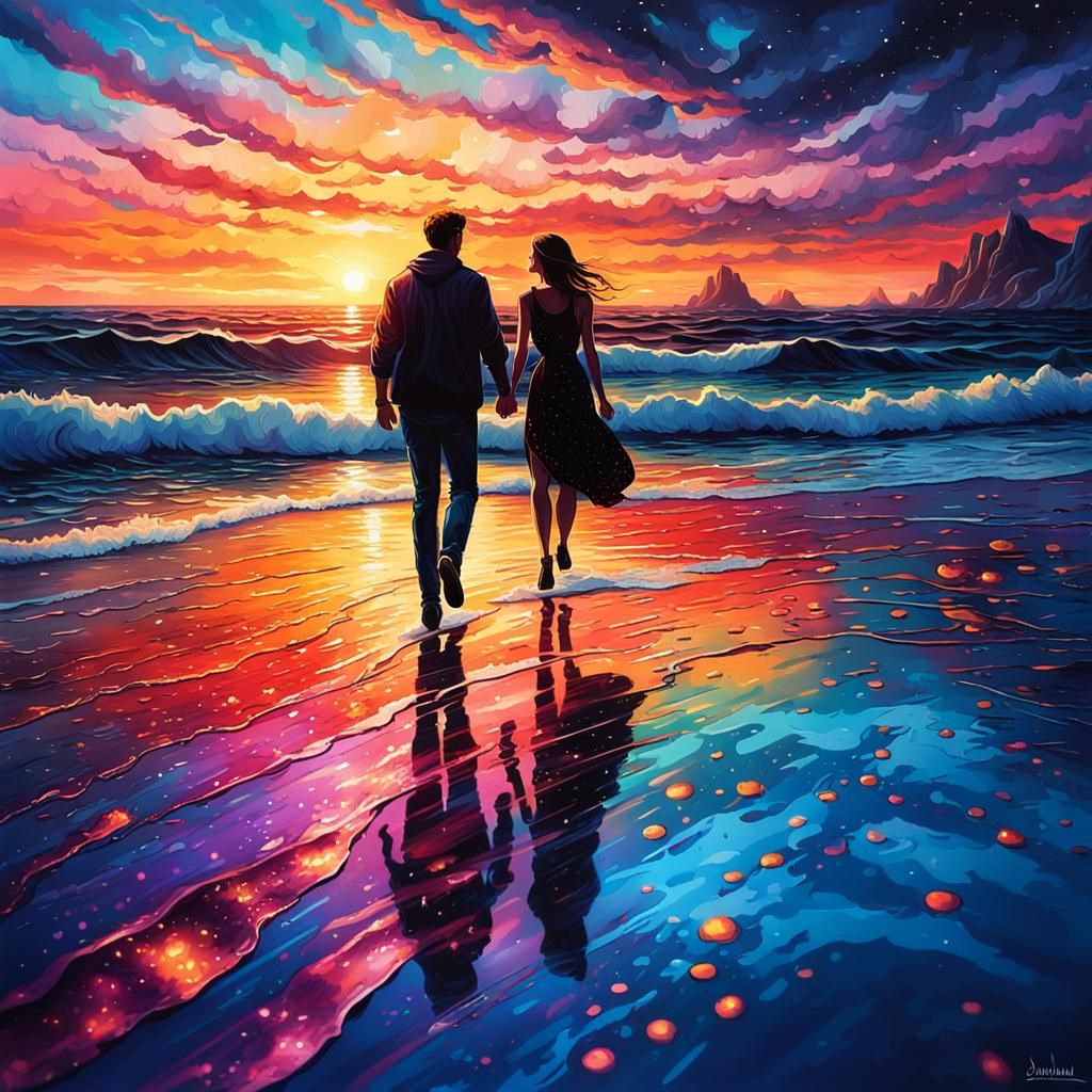Breathtaking Sunset Reflection on Ocean with Couple
